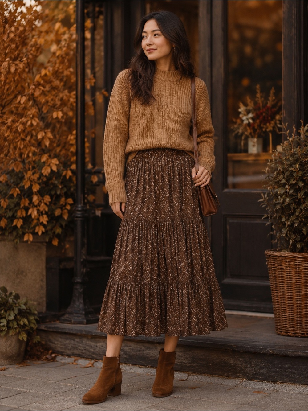 Michael Kors Brown Patterned Midi Skirt